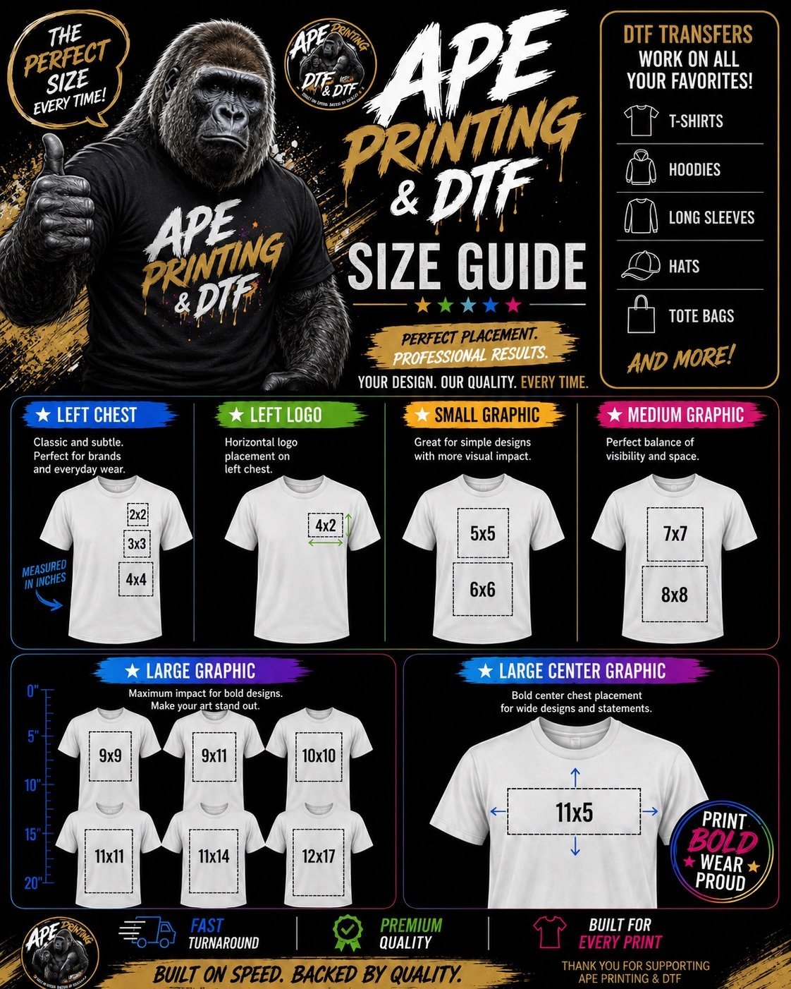 Ape Printing and DTF size guide showing design placement options and garment size measurements for t-shirts and apparel